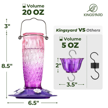 Kingsyard Hummingbird Feeders for Outdoors Hanging, 24 Ounce, Glass Hummingbird Feeder with Ant Moat & 6 Feeding Ports, Leak-Proof, Pink & Purple