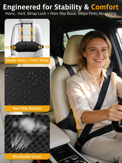 Car Seat Lumbar Support Pillow Memory Foam Lower Back Waist Support Cushion with Convex Point Design Washable Cover Dual Adjustable Straps for Vehical SUVs Driving Travel Accessories Office Chair