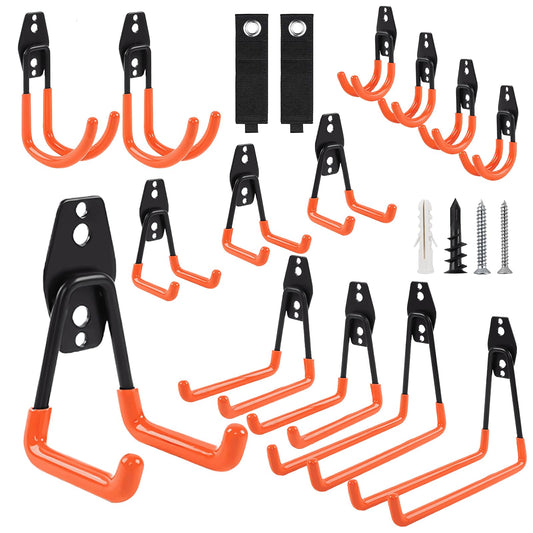 Garage Hooks, 16 Pack Heavy Duty Steel Garage Hooks, Utility Garage Wall Organization Hooks with Anti-Slip Coating for Garage Storage, Garden Tool, Ladder, Bike Hanger
