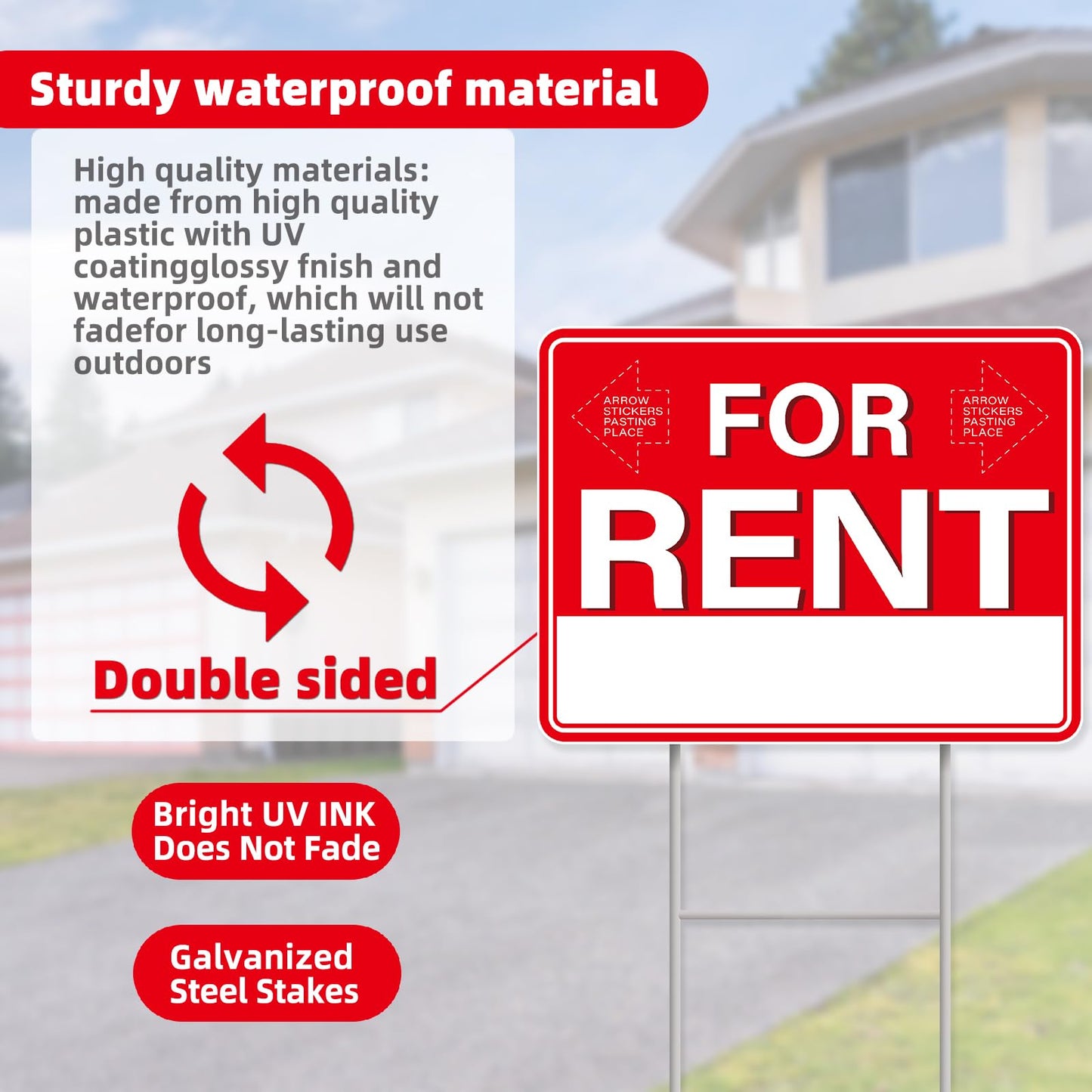 GXGGUS For Rent Signs with Stand,2 PCS 17" x 13" Double-Sided Yard Signs with Arrow Stickers Pricing Stickers, House Car Rental Supplies