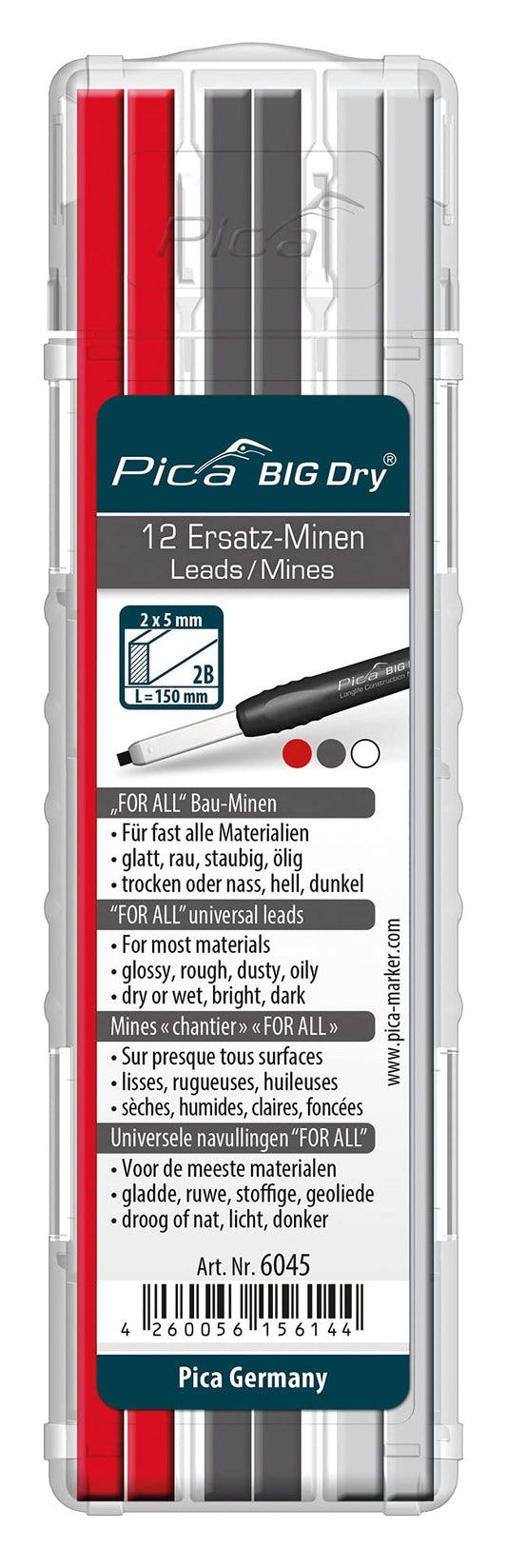 Pica Big Dry Marker Pen Pack of 12 Pencil Refills Graphite White Red 6045