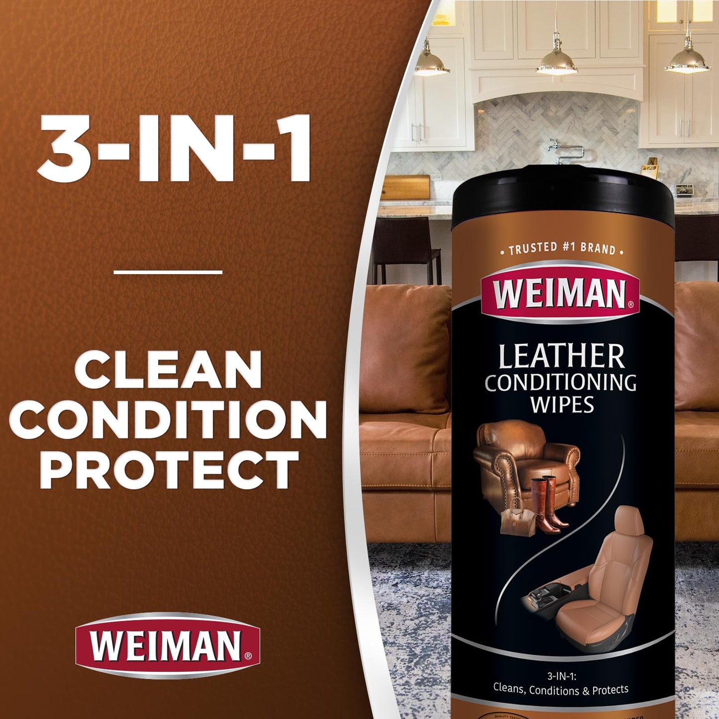 Weiman Leather Wipes - 2 Pack with Microfiber Cloth - Clean Condition UV Protection Help Prevent Cracking or Fading of Leather Couches Car Seats Shoes