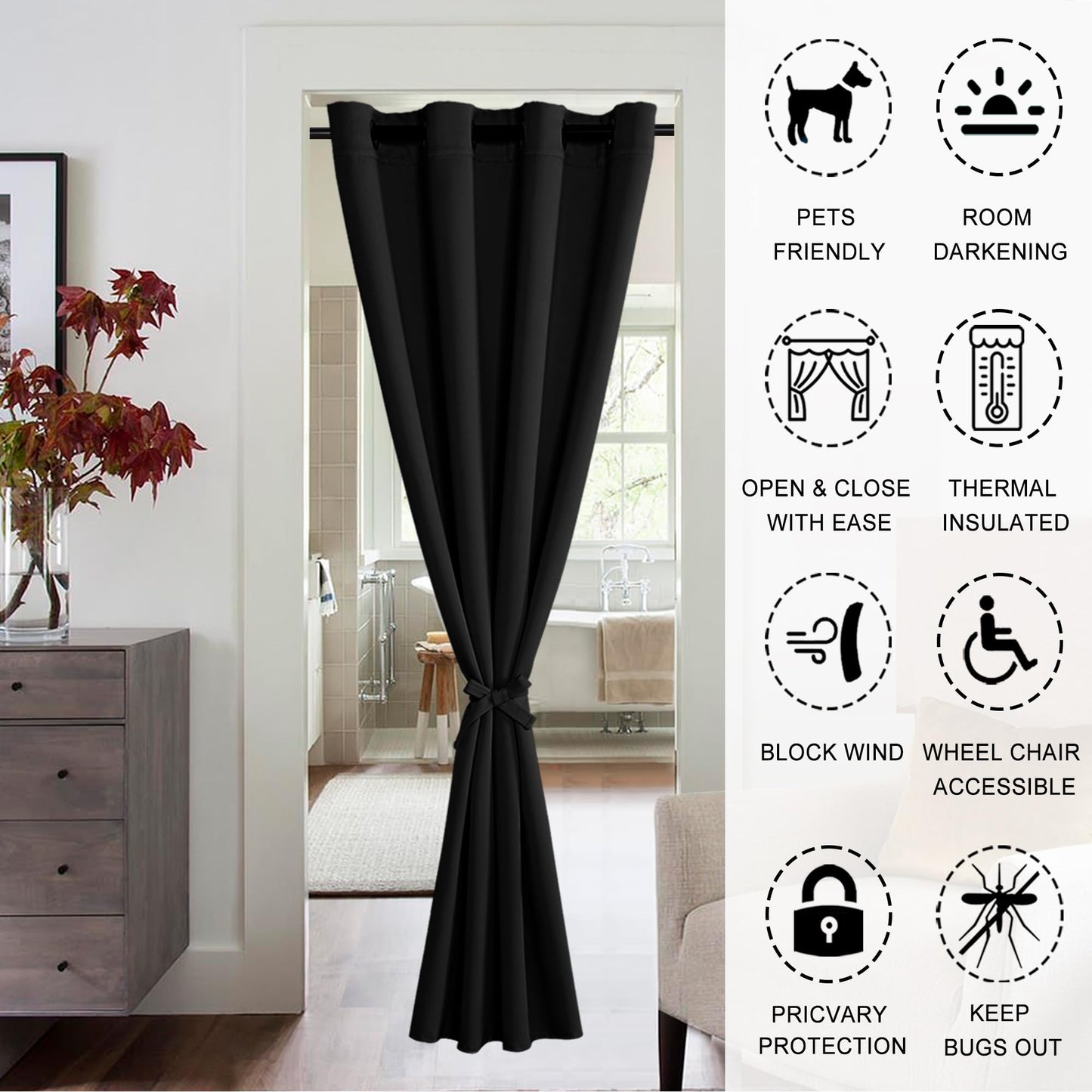 XWZO Door Curtain for Doorway Privacy and Bedroom Closet, 80 Inches Long Blackout and Thermal Insulated Room Divider Doorway Curtain Grommet Top, 1 Panel, W42 X L80, Black