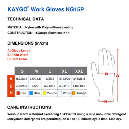 KAYGO 12 Pairs PU Coated Safety Work Gloves,KG15P for Men and Women, with Breathable & Dexterous, Comfortable Nylon Liner, Ideal for DIY, Assembly, Warehouse, Light Duty Work (M, Black)