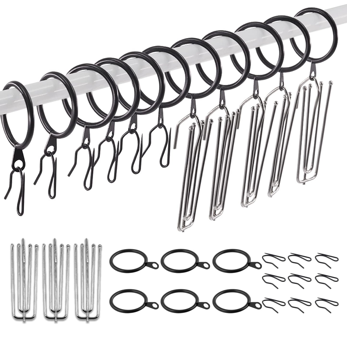 Swpeet 120Pcs Black 1.35 Inch - 30mm Metal Drapery Curtain Rings Curtain Hanging Rings and Stainless Steel 4 Prongs Pinch Pleat Hook with Drapery Curtain Pin-on Hooks Pins for Window, Shower Curtain