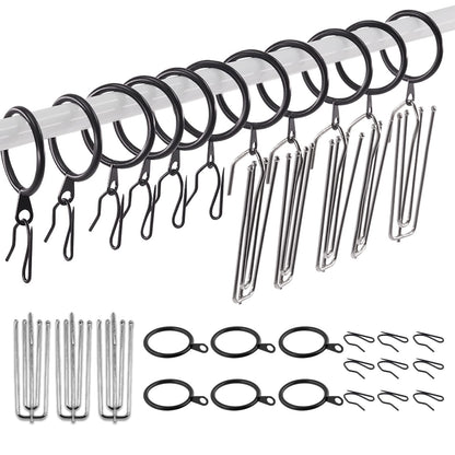 Swpeet 120Pcs Black 1.35 Inch - 30mm Metal Drapery Curtain Rings Curtain Hanging Rings and Stainless Steel 4 Prongs Pinch Pleat Hook with Drapery Curtain Pin-on Hooks Pins for Window, Shower Curtain