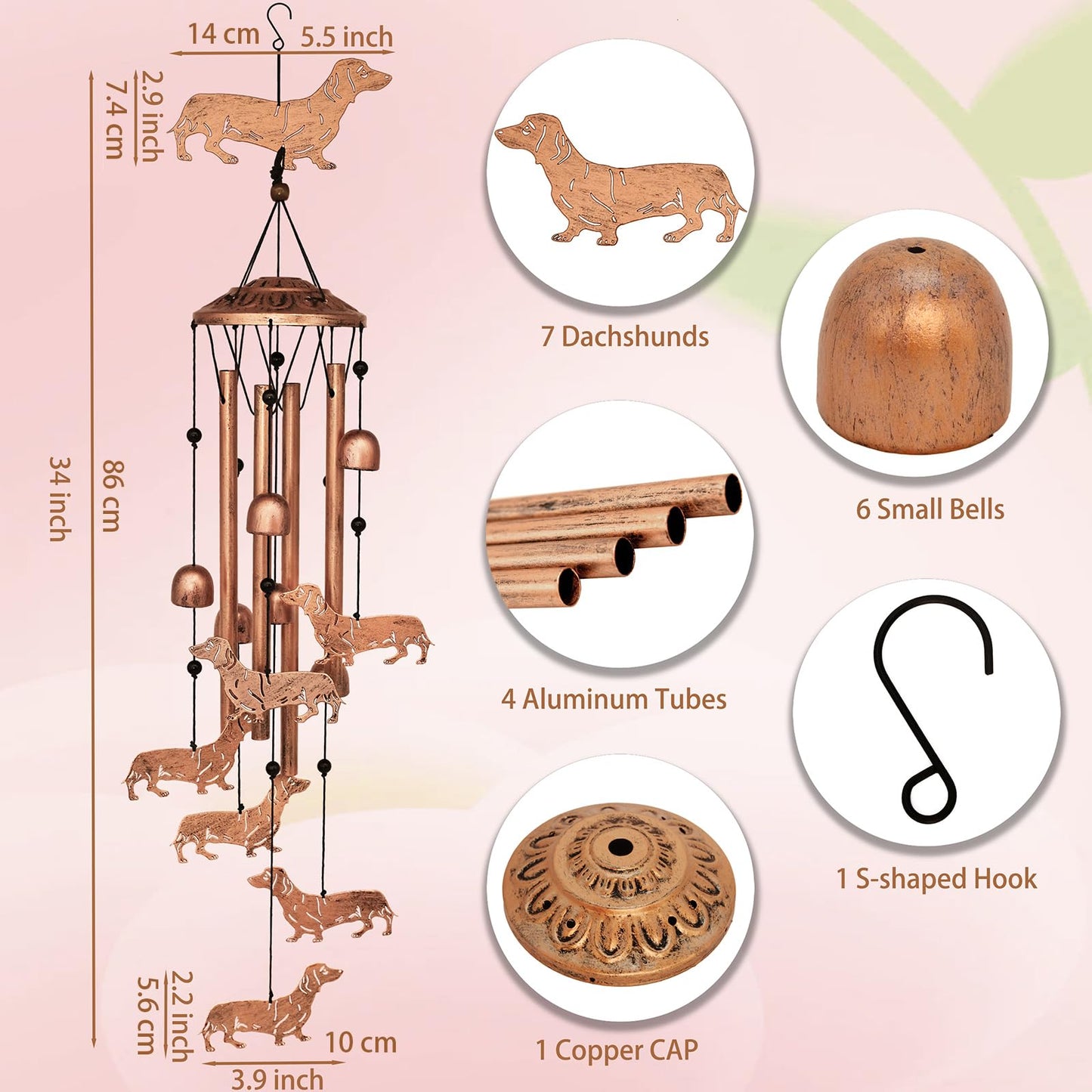 GDNSFIT Dachshund Dog Wind Chimes for Outside,Metal Windchimes,Dachshund Dog Gifts for Women/Men,Wind Chime Garden Decor Outdoor,Memorial/Housewarming/Birthday/Festival Gifts,Front Yard Decor