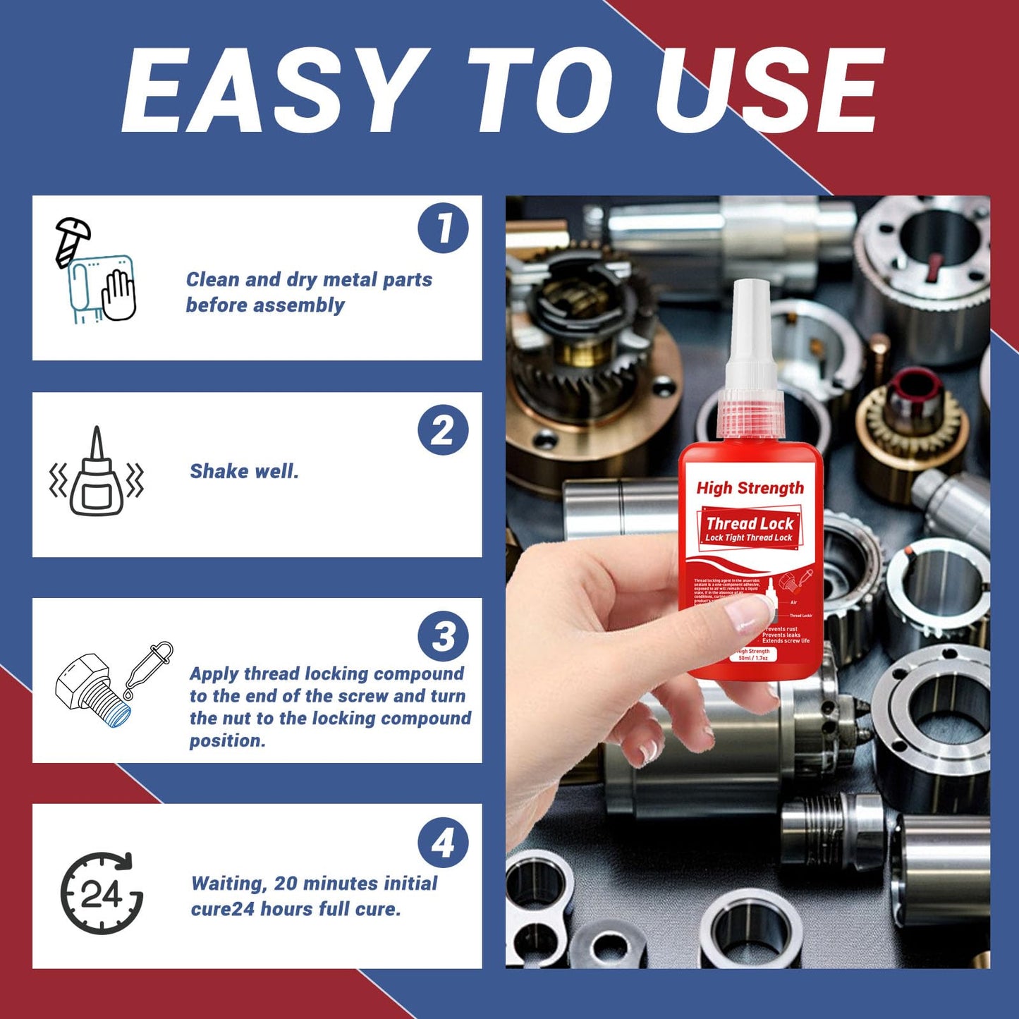 1DFAUL Thread Lock, 50ml x2 Locktight Threadlock Medium and High Strength Lock, Threadlocker Lock & Seal Nuts, Bolts, Stable and Anti-Rust