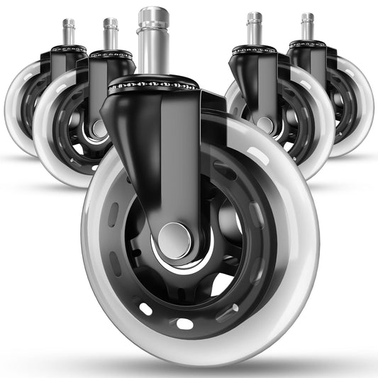 Office Chair Caster Wheels Set of 5 - Smooth 3 inch Heavy-Duty Replacement Rubber Wheels for Gaming & Desk Chair - Easy to Install, Suitable for Hardwood Floors, Carpet, Tiles, Carpe