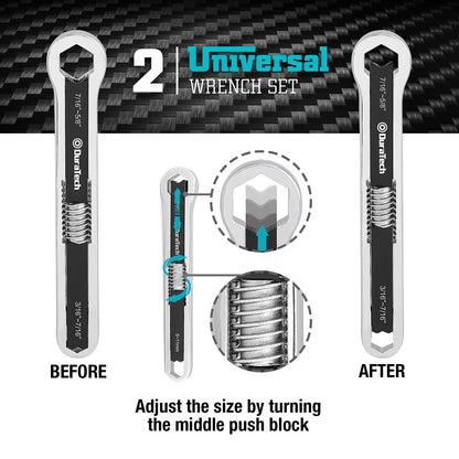 DURATECH Universal Wrench Set, Adjustable Wrench Set, SAE & Metric, 8-inch&10-inch, 44 Sizes in 2 Piece, Drop Forged, ANSI Standard