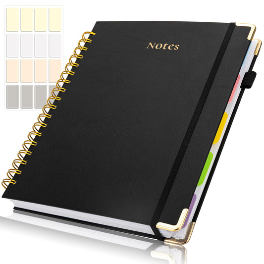 ONLYESH Spiral Notebook Journal,300Pages Hardcover Spiral Notebook journal with Removable Dividers Tabs,7.3"x10" Large Lined Journaling for Work, School, Women, Men（BLACK）