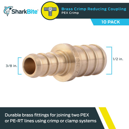 Sharkbite 3/8 Inch x 1/2 Inch Crimp Reducing Coupling, Brass Plumbing Fitting, PEX Pipe, PE-RT, UC009LF, Pack of 10