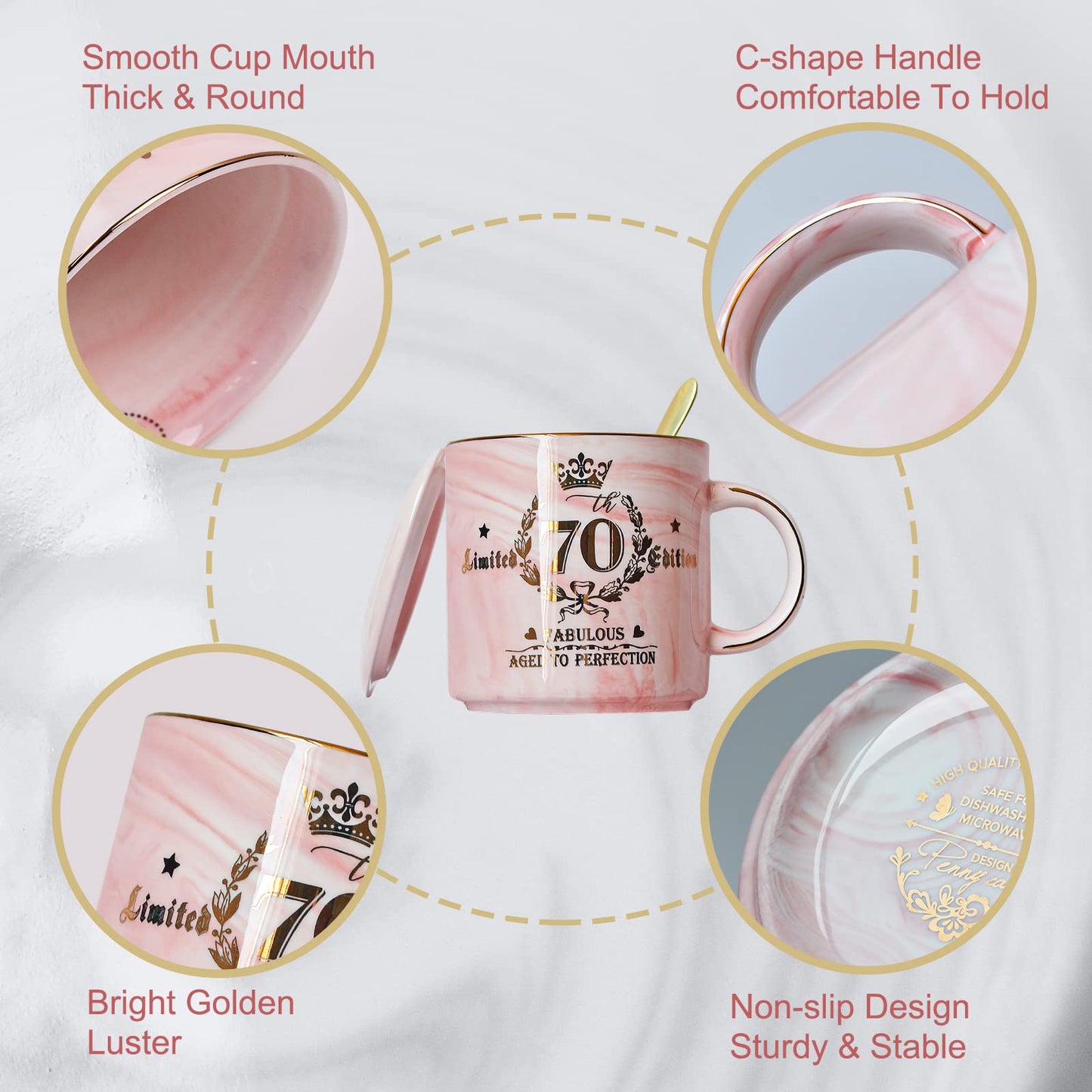 70th Birthday Gifts for Women - 14oz Pink Aged To Perfection Seventy Birthday Mug Printed with Gold - Happy Birthday Keepsake Presents for 70 Years Old Grandma Mom Sister, with Gift Box Lid Card Spoon