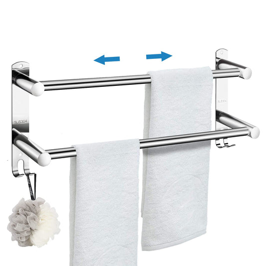 garini Stretchable Towel Rack, SUS304 Stainless Steel Towel Holder Adhesive Towel Barwith 2 Bars Hooks for Bathroom Kitchen Wall Mount, Silver