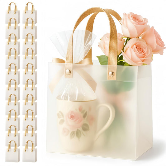 Clear Gift Bags with Handles 20 Pack | Semi-Transparent Favor Bags Frosted Loot Bags Medium Gift Bags | Reusable Plastic Goodie Treat Bags for Wedding, Birthday Party, Baby Shower & Small Business Boutique | 7.9x7.9x3.5in Mid-Size