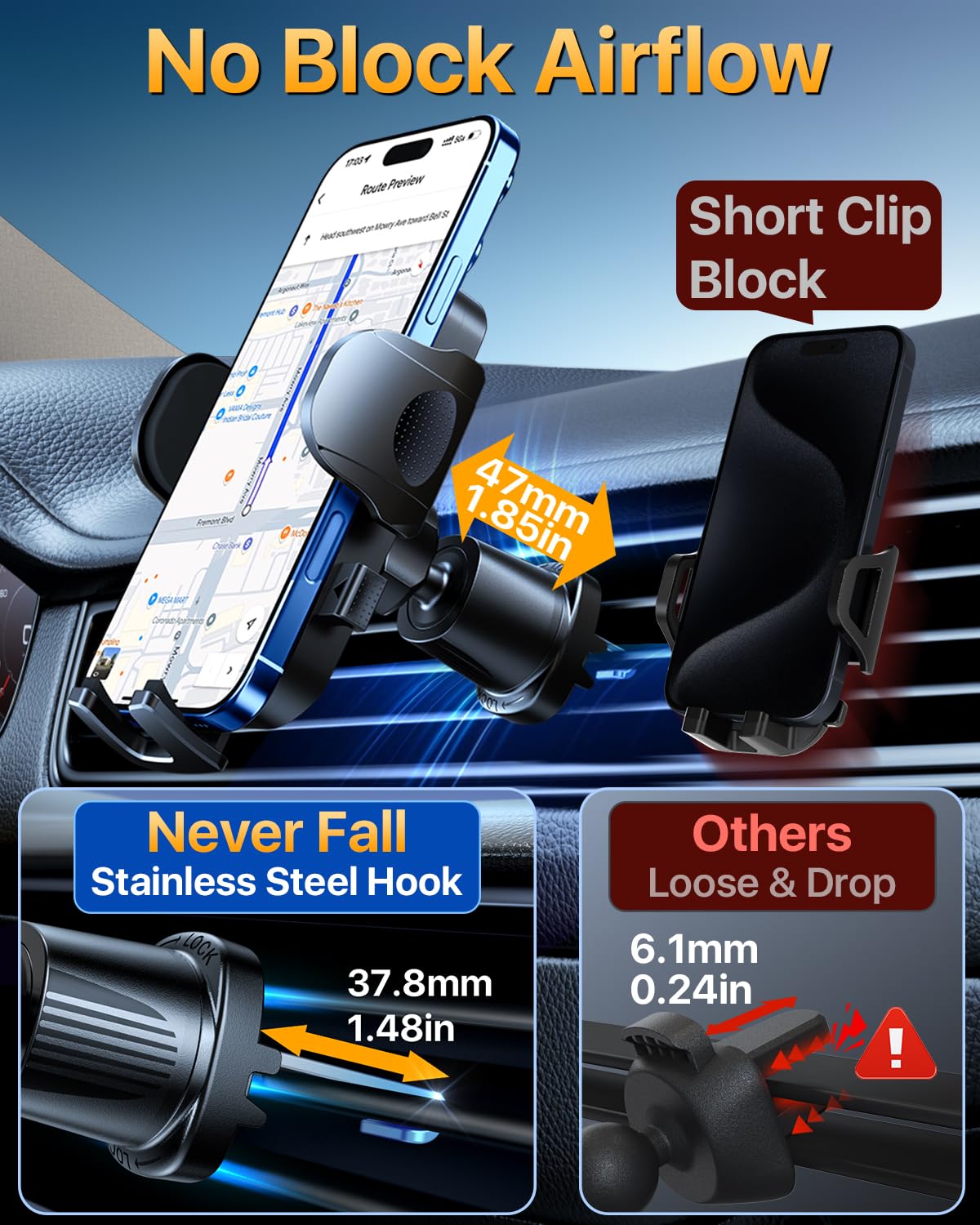[True Military-Grade & 360° Rotatable Suction] 2026 YRU Ultimate Car Phone Holder Mount 【90+LBS Safest Strongest & Patent Certs】 Dashboard Windshield Vent for iPhone 17 16 Pro Max Samsung,Dark Black