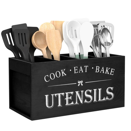 Qeedee Extra Large Kitchen Utensil Holder with 4 Compartments, Space Saving Wood Utensil Organizer with Removable Divider, Farmhouse Decor Countertop for Flatware and Cookware, Black