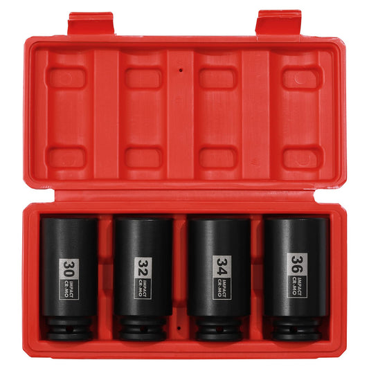 EMENTOL 4PCS 1/2" Drive Deep Impact Socket Set, CR-MO, 12 Point, Metric, Deep Spindle Axle Nut Impact Socket Set-30mm, 32mm, 34mm, 36mm