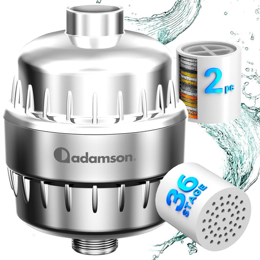 Adamson Shower Filter for Hard Water – 36-Stage High Output Filtered Shower Head/Filtre de Douche, Reduces Chlorine & Heavy Metals – Improves Skin & Hair – Easy Install – Extra Cartridge Included