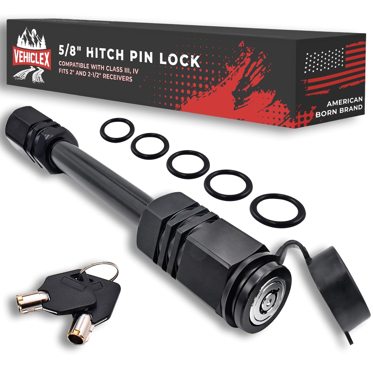 Vehiclex Hitch Receiver Pin Lock - 5/8" Pin for Class III, IV Hitch 2" - Unique Tubular Key - Dust and Mud Resistant Trailer Hitch Lock for Theft Protection