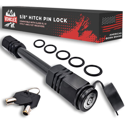 Vehiclex Hitch Receiver Pin Lock - 5/8" Pin for Class III, IV Hitch 2" - Unique Tubular Key - Dust and Mud Resistant Trailer Hitch Lock for Theft Protection