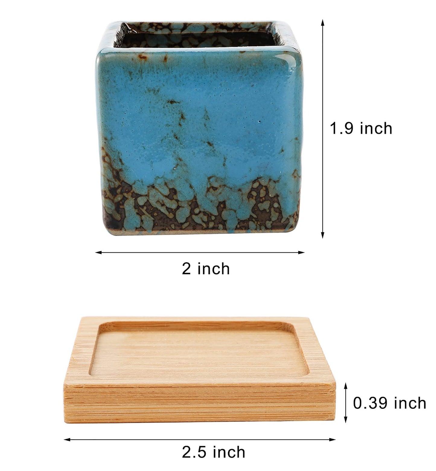 TOPZEA Set of 10 Succulent Planter Pots, 2 Inch Square Ceramic Glazed Cactus Plant Pot Tiny Flower Container with Drainage Hole & Bamboo Tray for Desk, Windowsill, Home Decor, Coffee Bar