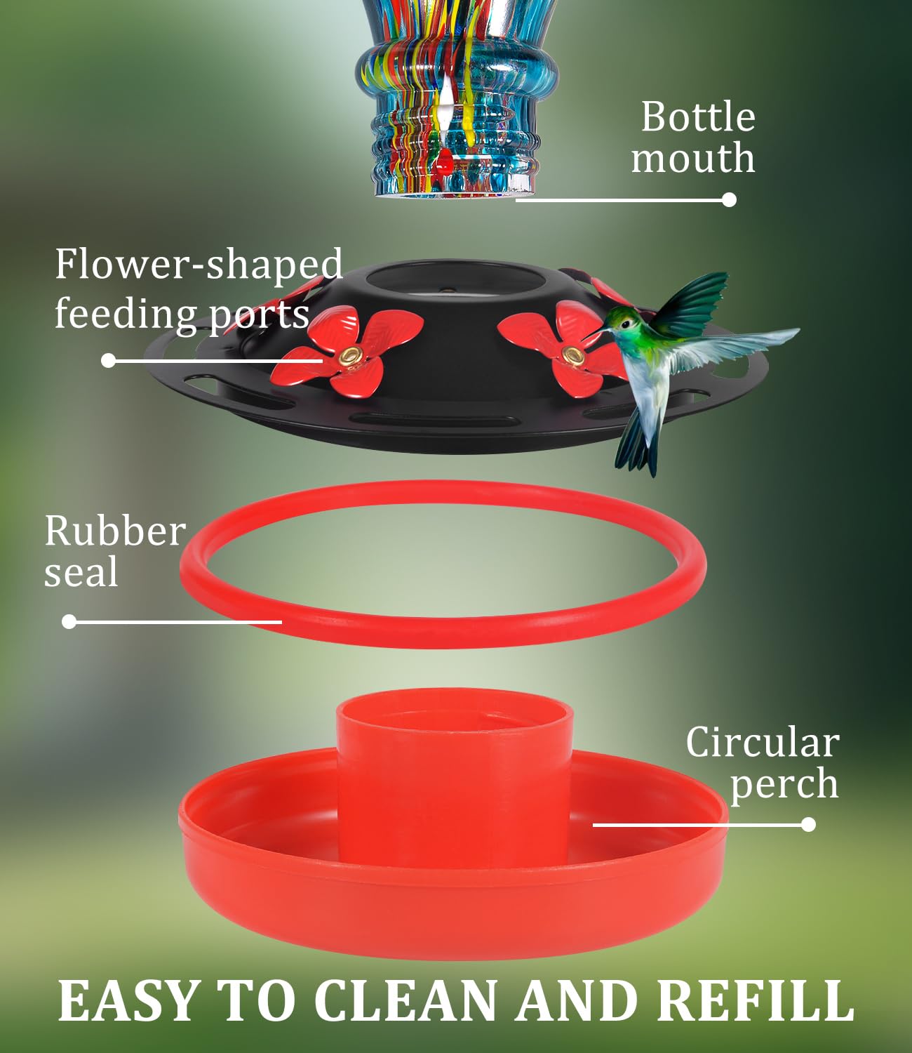 Qmioti Hummingbird Feeders, 32 Ounces Hand Blown Glass Bird Feeder for Outdoor Hanging, 5 Feeding Ports, Ant Moat Included, Bird Nectar Feeder for Garden Backyard Décor, Blue