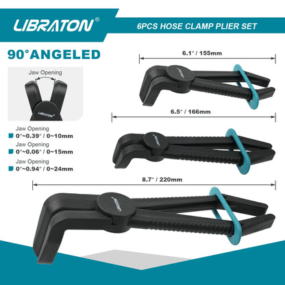 Libraton Hose Clamp Pliers Set - 6pcs Straight & 90° Pinch Off Pliers, Line Clamps for Brake, Fuel, Coolant, Flexible, Radiator, and Gas Lines