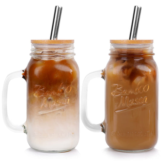 ANOTION Mason Jar with Lid and Straw, 24 oz Regular Mouth Mason Jars with Handle Drinking Glasses Tumbler Reusable Cups Smoothie Water Bottles for Iced Coffee (Classic 2 Cups Style)