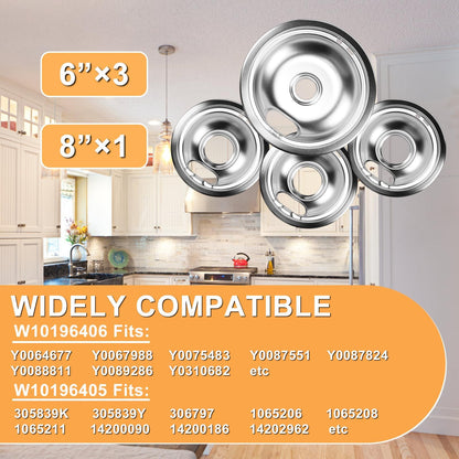 1x8" & 3x6" Chrome Drip Pans Kit Compatible for Whirlpool- W10196405 W10196406 Drip Pan Electric Stove Burner Covers Replaces 0089285 0091813 0304979 0310228 Not for GE