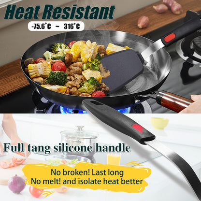 4-Pack Silicone Spatula and Spoon Set, 600°F (315°C) Heat Resistant Kitchen Utensils for Non-Stick Cookware, 3 Flexible Turners & 1 Solid Spoon, Ergonomic Non-Slip Grip, BPA Free, Black