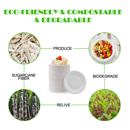 300 Pack Compostable Disposable Paper Plates, Heavy-Duty Bagasse Natural Biodegradable Eco-Friendly Sugarcane Plates for Party Dinner Birthday, 6 inch (White)