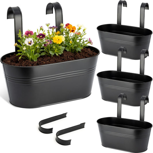 Bamworld Hanging Planter Basket Plant Pot 12inch Window Hanger Indoor Balcony Decor Metal Iron Large Fence Railing Garden Bucket with Detachable Hooks for Outdoor 4 Pack Black