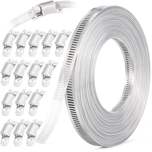 OURU 30FT Hose Clamps,304 Stainless Steel Hose Clamp Assortment Kit DIY Metal Strapping with Holes+15 Fasteners,Adjustable Worm Gear Large Hose Clamps Metal Band Screw Clamp Straps for Pipe,Duct,Tube