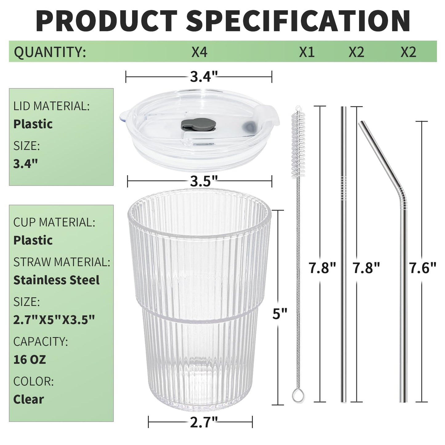 RÉΑLWÁY Iced Coffee Cups with Lids and Straws Set of 4, 16 OZ Unbreakable Plastic Drinking Glasses Reusable Iced Coffee Glass to Go Cup for Iced Tea,Juice, Water,BPA Free, Dishwasher Safe