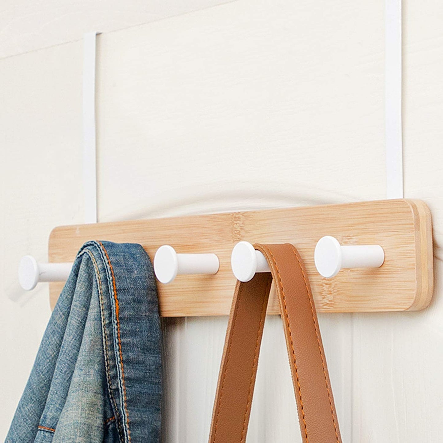 Over The Door Hook Hanger, Bamboo Coat Rack with 5 Metal Hooks, Wood Clothes Organizer for Coat, Towels, Bags, Robes (White)