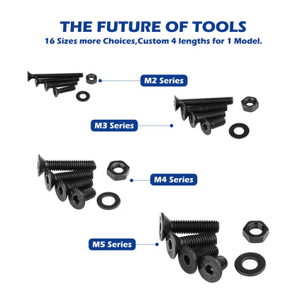 JROUTH 1500pcs Screws Assortment Hex Socket Flat Head Black Screws Nuts and Bolts, M2 M3 M4 M5 10.9 Grade Alloy Steel Hex Flat Head Cap Bolts Nuts Washers Assortment Kit with Hex Wrenches