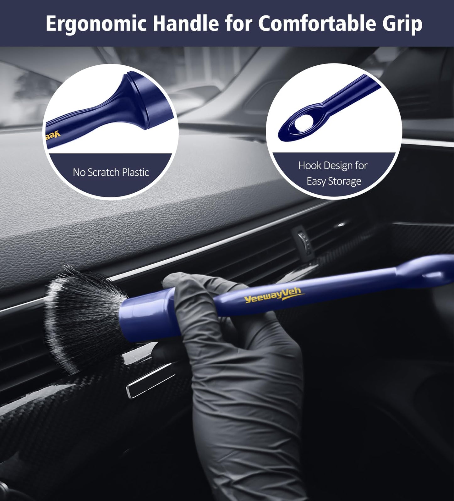 YeewayVeh 6PCS Car Detailing Brush Set, 3pcs Boars Hair Car Detailing Brushes, 3pcs Ultra Soft Detail Brush for Leather Seat Air Vents Engine Bay, Detail Brushes Car Detailing for Interior Exterior