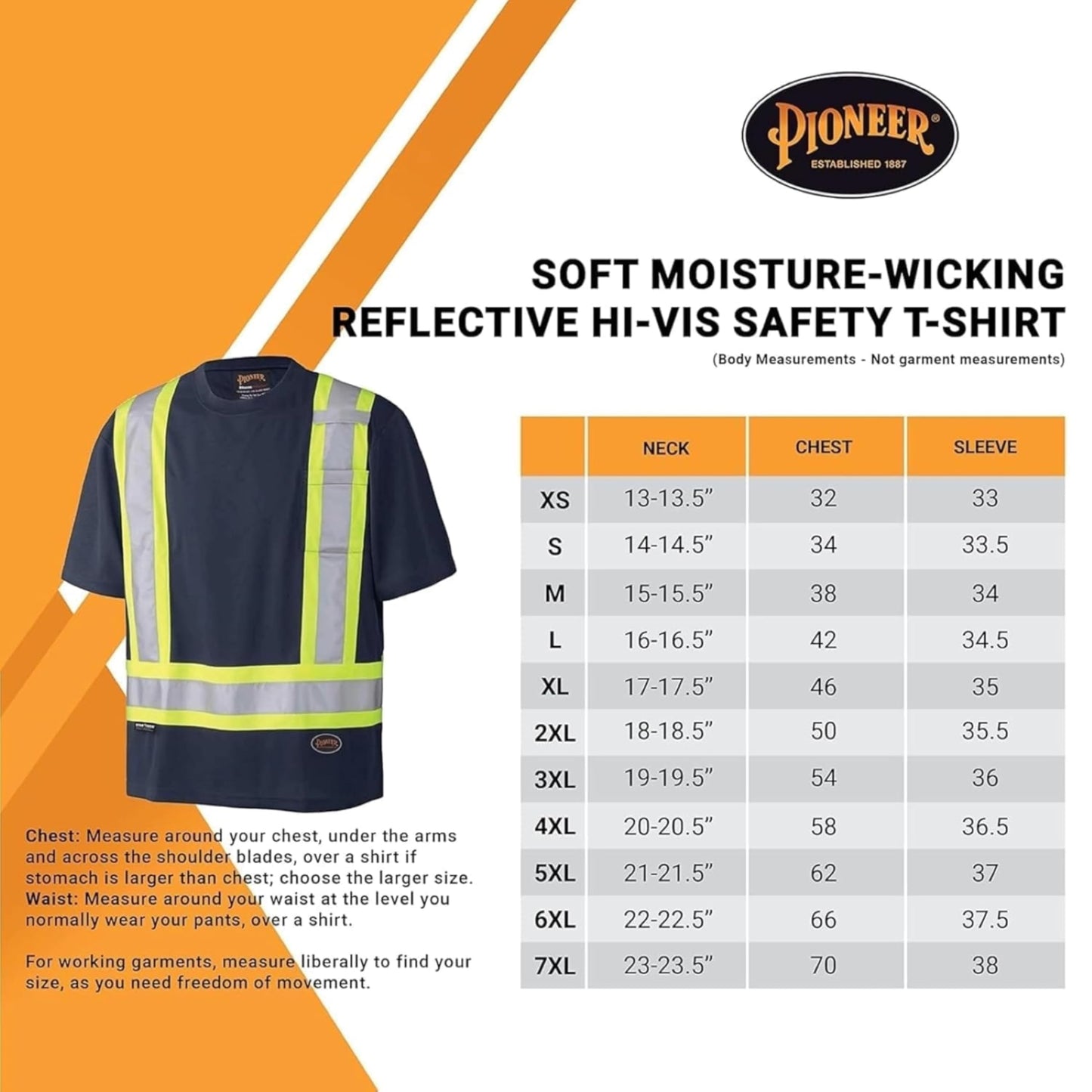 Pioneer Hi Vis Safety Shirt - Lightweight Moisture-Wicking Work T-Shirt With Reflective Tape - Class 1 - Navy Blue