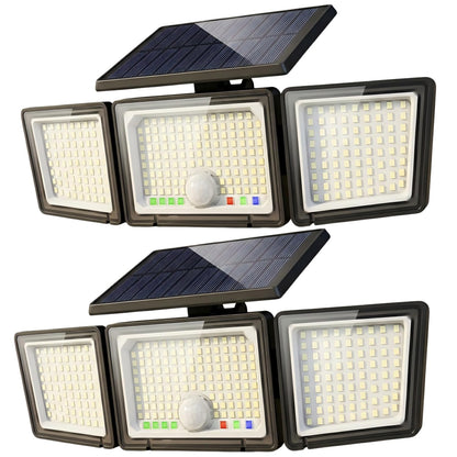 Solar Motion Sensor Light Outdoor, 2500LM 286 LED Solar Outdoor Lights with Power Display & Mode Indicators - 6500K Adjustable 3-Head Flood Light, IP65 Waterproof for Garden, Garage, Yard - 2 Pack