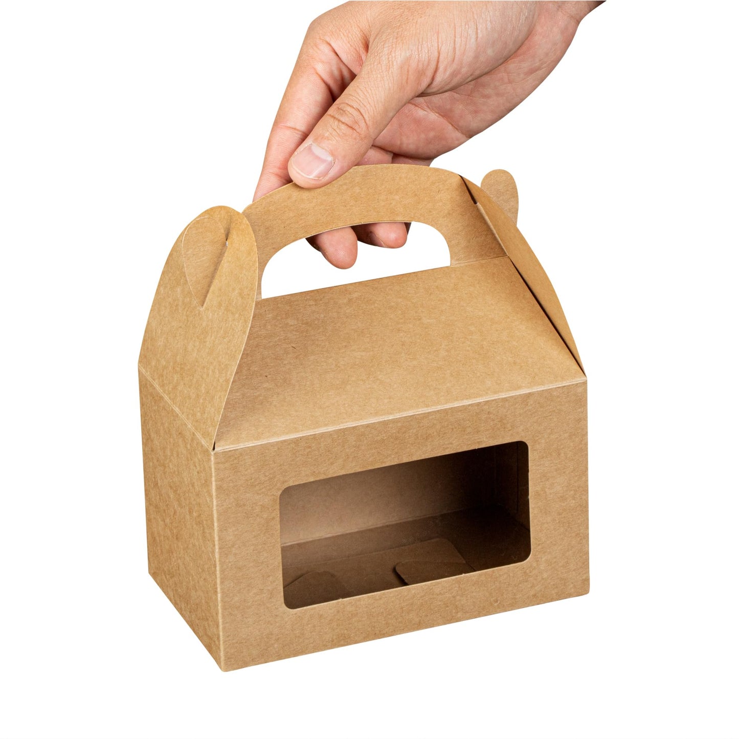 Restaurantware Gable Gift Boxes Pack of 25 Greaseproof Paper Treat Boxes 6 x 3.5 x 3.5 Inches With Window, Disposable Design Kraft Containers for Weddings or Birthdays