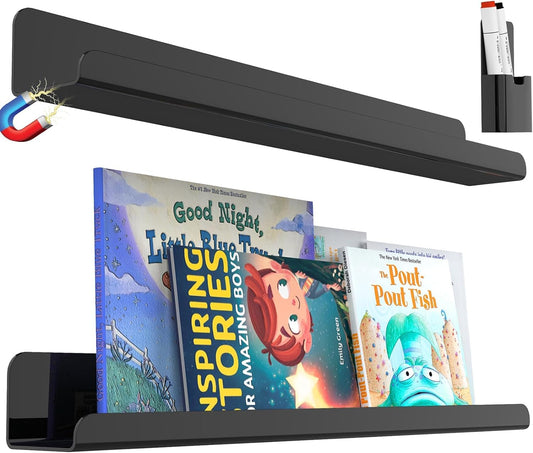 Walquicks Magnetic Book Shelf, 2 Pcs Acrylic Magnetic Book Shelves for Whiteboard Classroom with Pen Organizer, Book Display Shelf File Rack for Classroom Refrigerator Office Black/White