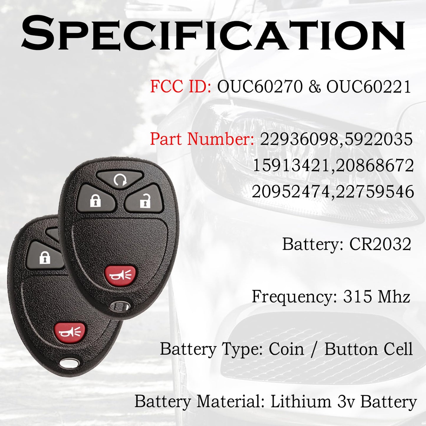 SUPALAND Keyless Entry Remote Control Key Fob Replacement Fits Chevy Silverado Avalanche Equinox Express Traverse GMC Yukon Sierra 1500 2500 3500 HD Acadia 2007 2008 2009 2010 2011 2012 2013 OUC60270