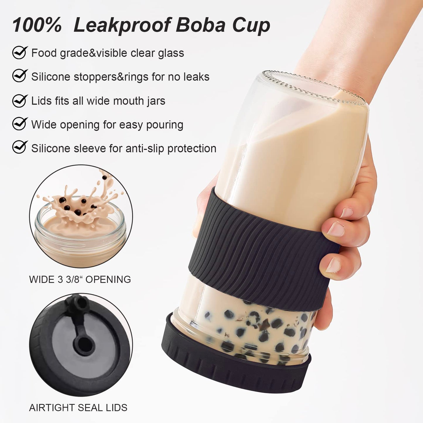HEFBCOMK 2 Pack Reusable Boba Cup Smoothie Tumbler Glass Bubble Tea Cup, 24oz Iced Coffee Cups with Lids and Straws, Mason Jar Drinking Glasses for Bubble Tea, Beer, Smoothie, Juice (Black)