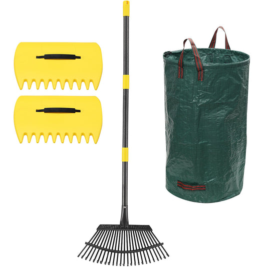 Rake for Leaves, 25 Tines 18" Wide Metal Leaf Rake with 32 Gallon Lawn and Leaf Bags & Leaf Scoops, Garden Adult Kids Lawn Shrub Yard Landscape Rake Heavy Duty Long Handle 30-60
