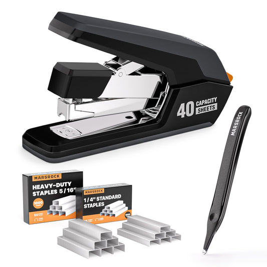 Effortless Stapler for Desk with 40-50 Sheet Capacity, 2000 Staples, 1-Touch Stapling, Ergonomic & Easy to Load Desktop Staplers, Heavy Duty Stapler, and Magnetic Staple Remover, Black
