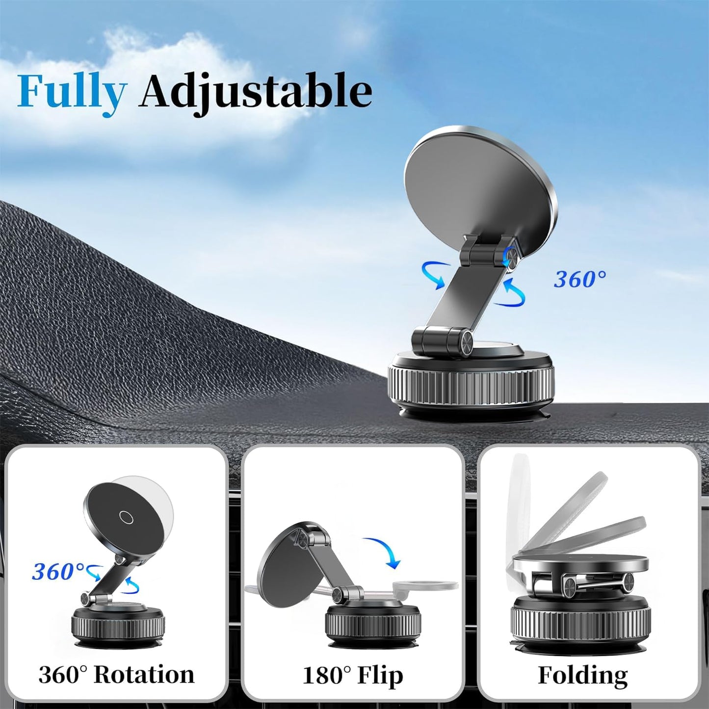 2026 Upgraded 360°Car Phone Holder Mount,Foldable Adjustable Suction Cup Phone Holder car,98LBS Strongest Suction & 2800gf Strongest,for Your Car/Gym/Mirror (Black)