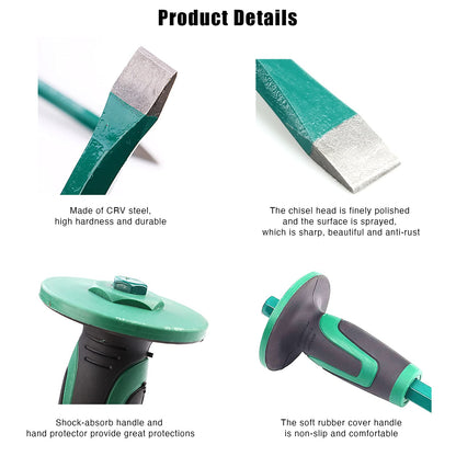 Genubi Industry Masonry Chisel With Hand Guard, 12 inches Heavy Duty Flat End Rock Concrete Mortar Stone Chisel for Demolishing Carving Splitting Breaking Hounding