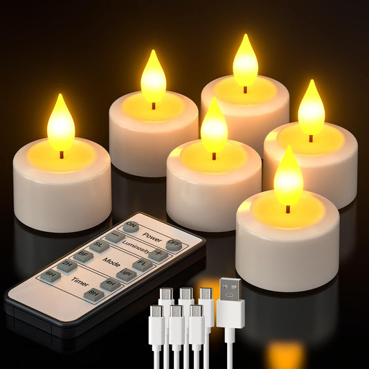 PChero Rechargeable Tea Lights with Remote Timer, 6 Packs Flickering Flameless LED Tealights Candles with USB Charging Cable & Remote for Wedding Halloween Christmas Home Decor