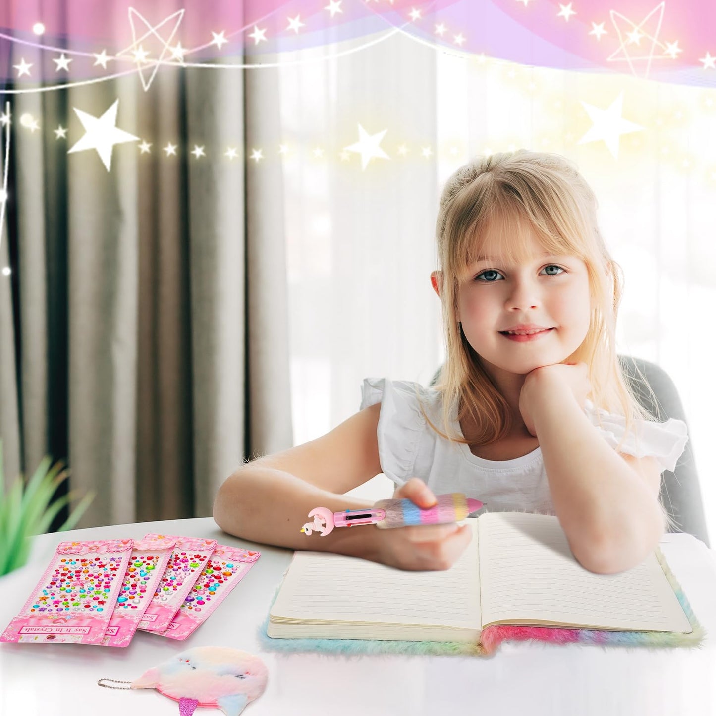 Unicorn Diary with Lock Key Fluffy Secret Notebook Travel Journal With Wallet Pen Stickers Bracelet Fluffy Keyring, Unicorn Toys Gifts for Girls Kids Birthday Christmas